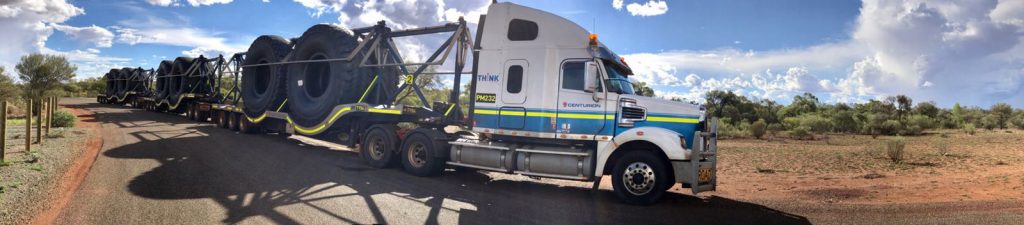 Centurion Tyre trailer delivering OTR tyres to customer's in Western Australia