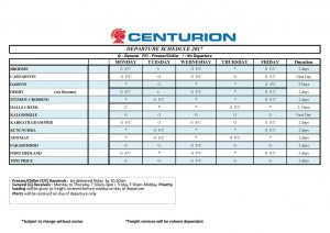 Centurion departure schedule for general and freezer chiller freight.